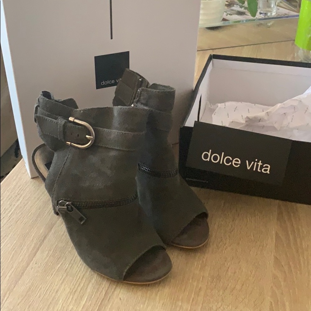 Peep toe dark gray heels